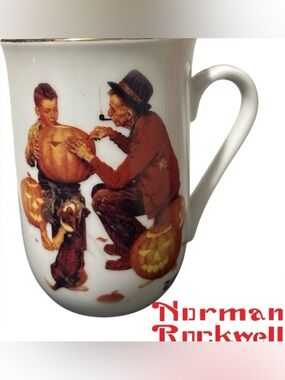 NORMAN ROCKWELL MUG HALLOWEEN PUMPKIN DOG FALL ‘GRAND PALS’ TEA CUP